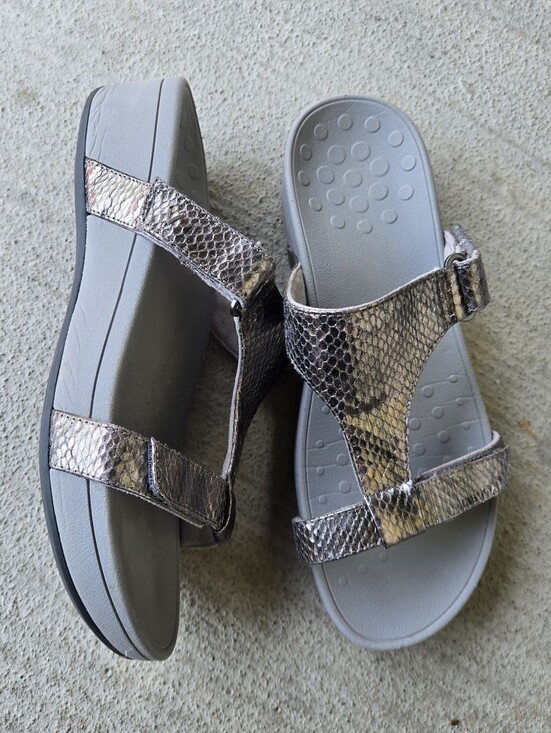 Vionic Shoes - Vionic Metallic Snake-Print Slide Sandals in Silver and Gray